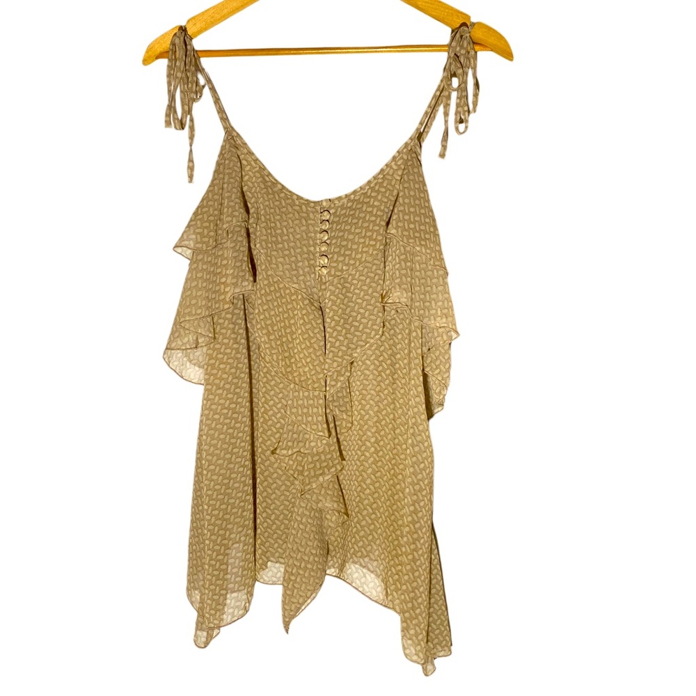 Verty: Semi-sheer Front Ruffle Tie Spaghetti Strap Top